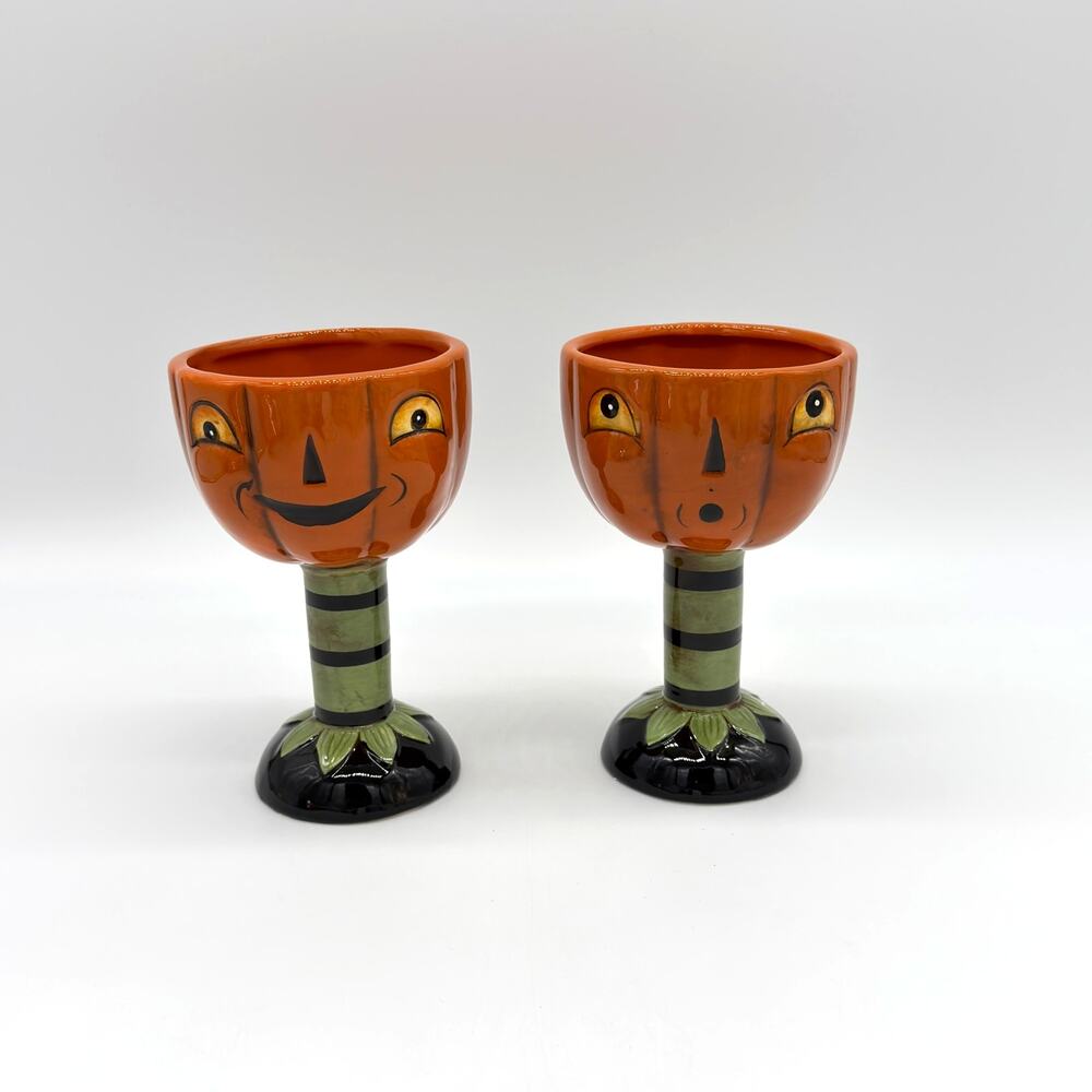 Johanna Parker Transpac Set Of 2 Jack O Lantern Pumpkin Goblets Halloween NEW